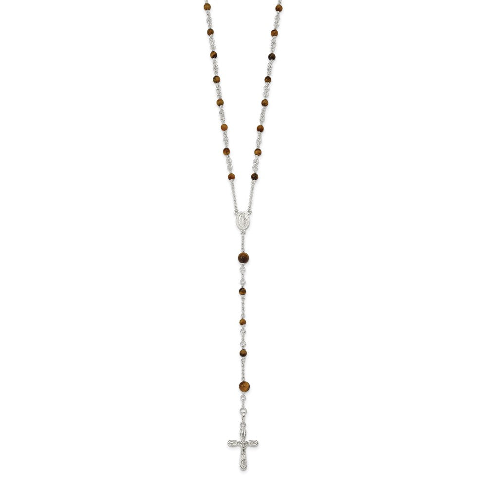 Sterling Silver Polished Tiger Eye Bead Rosary Necklace