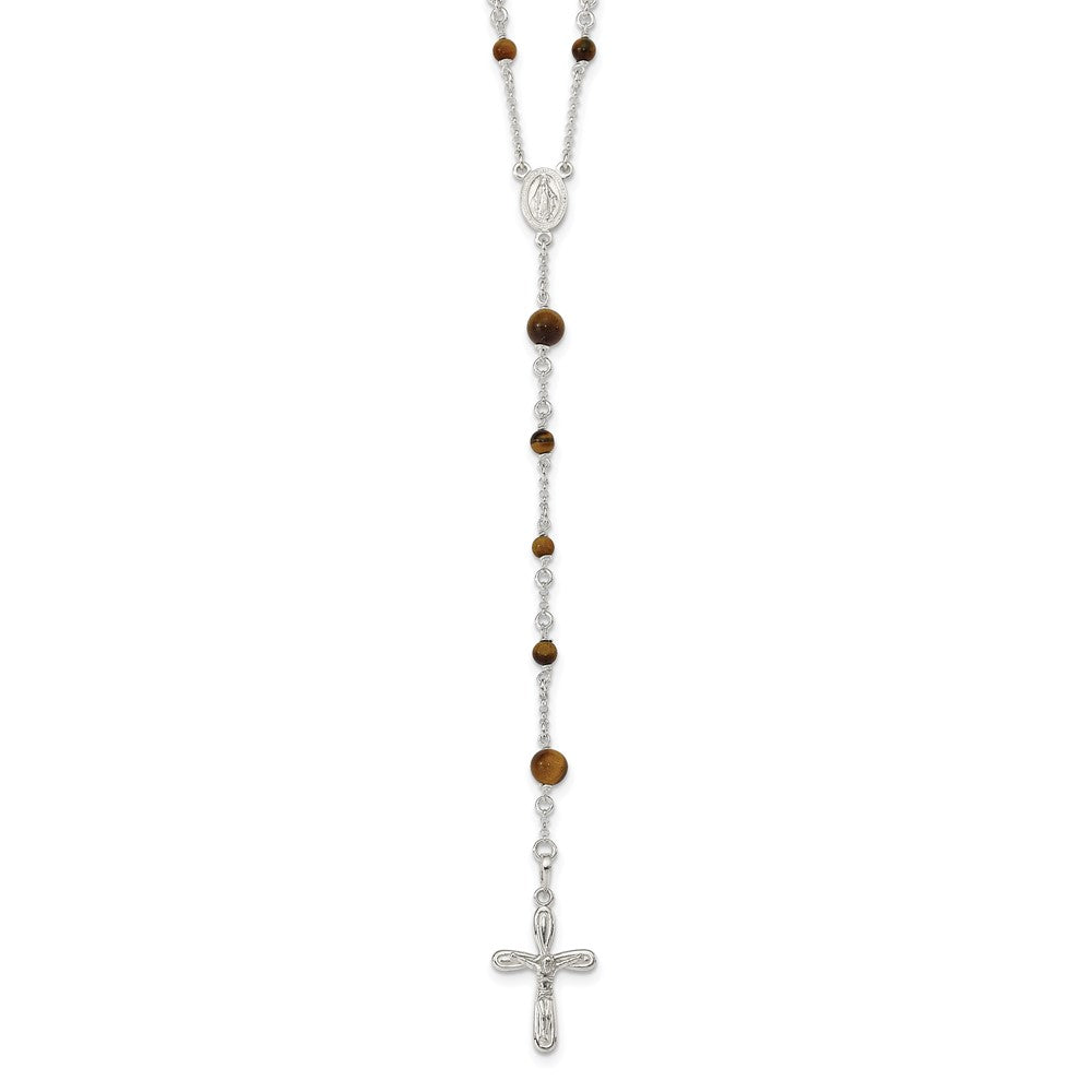 Sterling Silver Polished Tiger Eye Bead Rosary Necklace