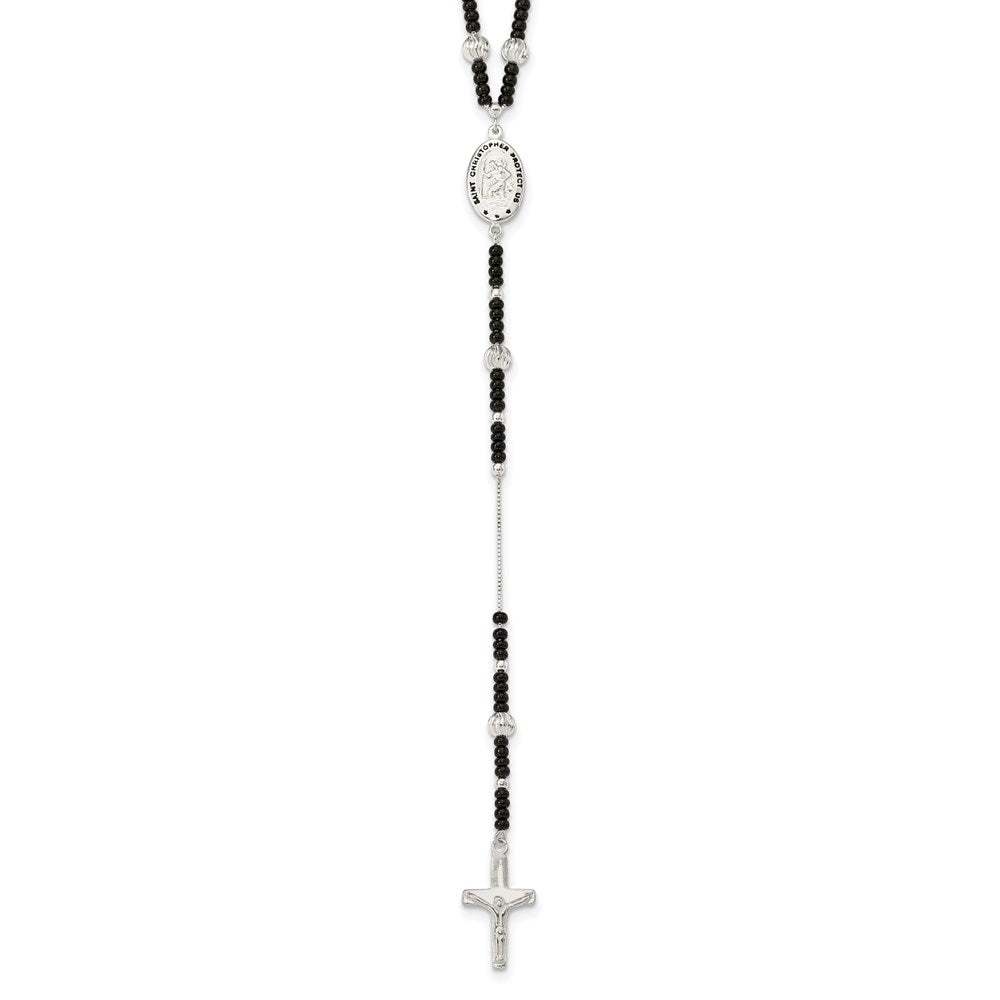 Sterling Silver Enameled & Black Glass Bead Rosary Necklace