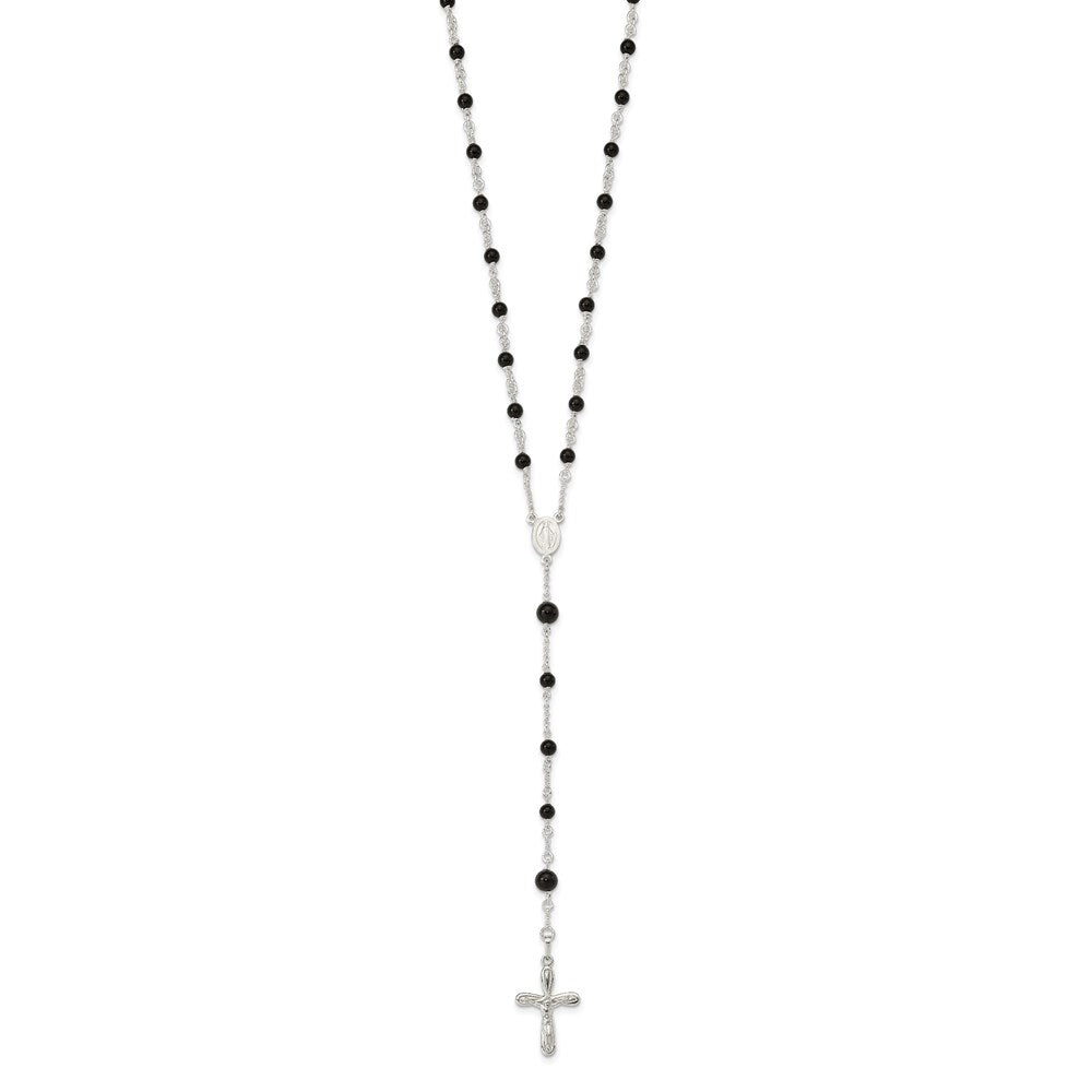 Sterling Silver Polished Black Onyx Beaded 33 Inch Rosary Necklace