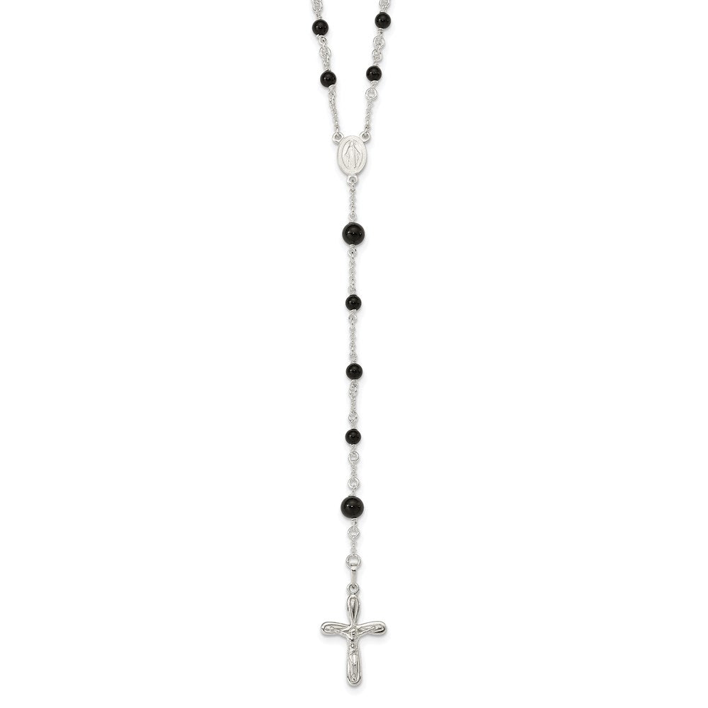 Sterling Silver Polished Black Onyx Beaded 33 Inch Rosary Necklace