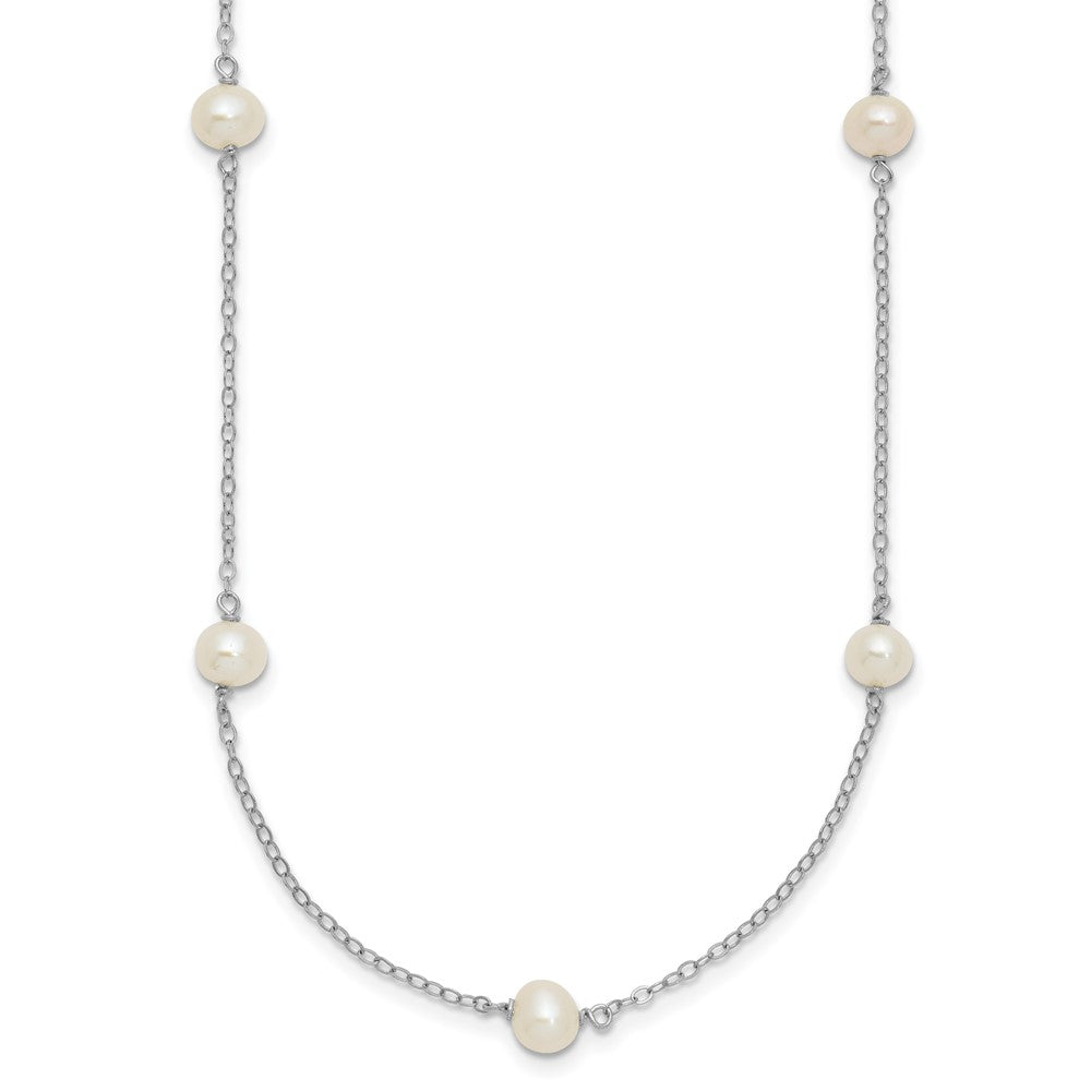 Sterling Silver Rhodium-plated 5- White Near-Round Freshwater Cultured Pearl 8-Station Necklace
