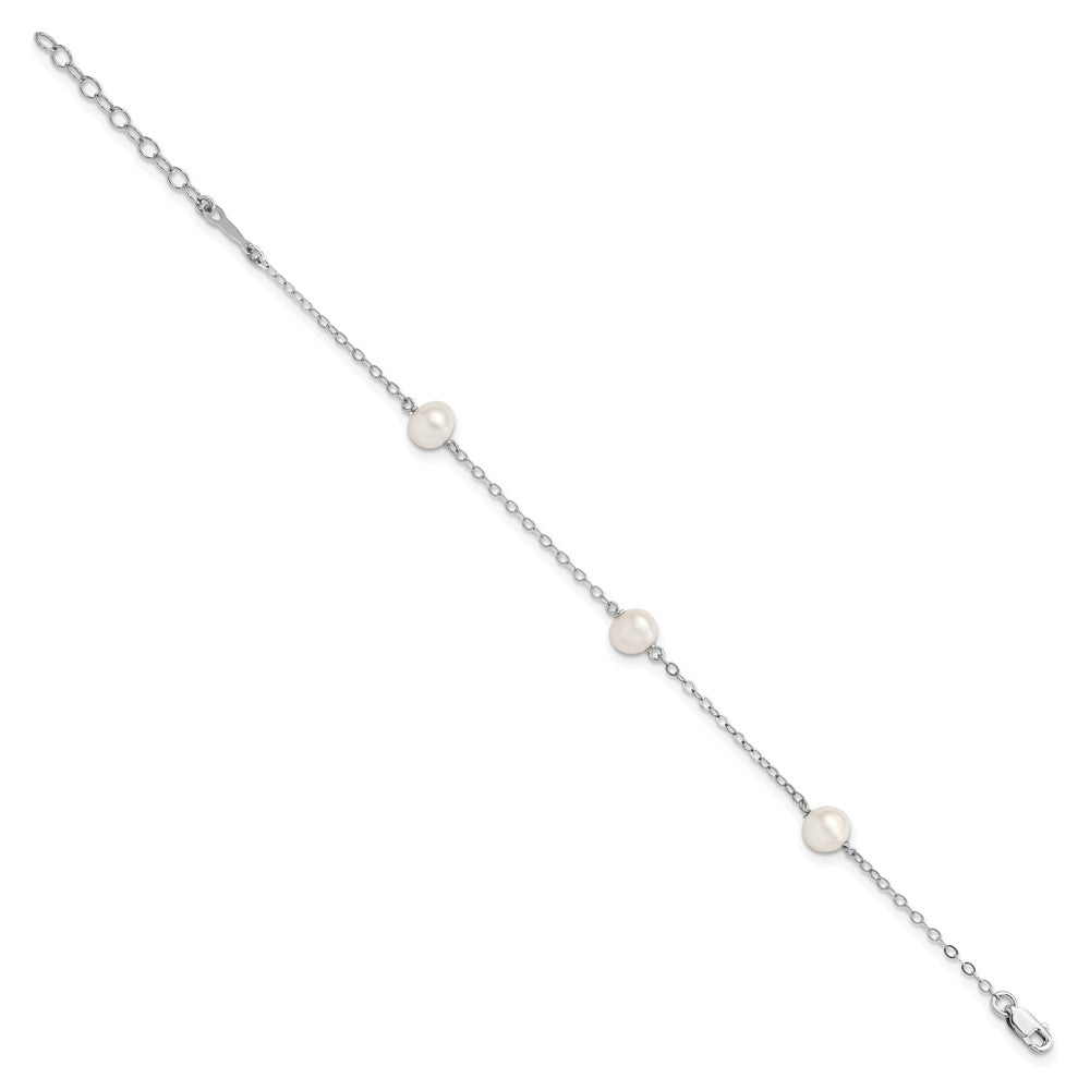 Sterling Silver Rhodium-plated 5- White Freshwater Cultured Pearl 3-Stations with Extension Bracelet