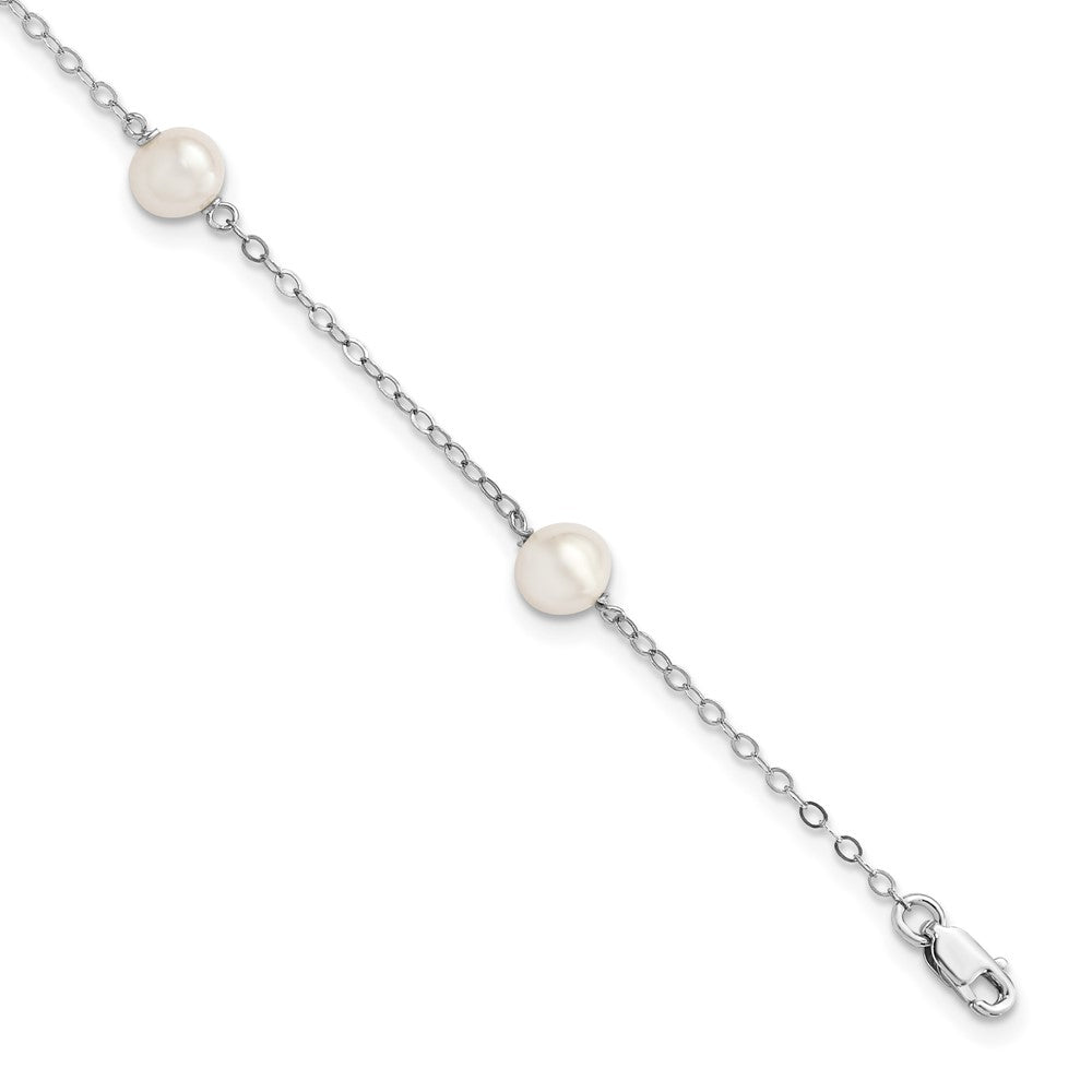 Sterling Silver Rhodium-plated 5- White Freshwater Cultured Pearl 3-Stations with Extension Bracelet