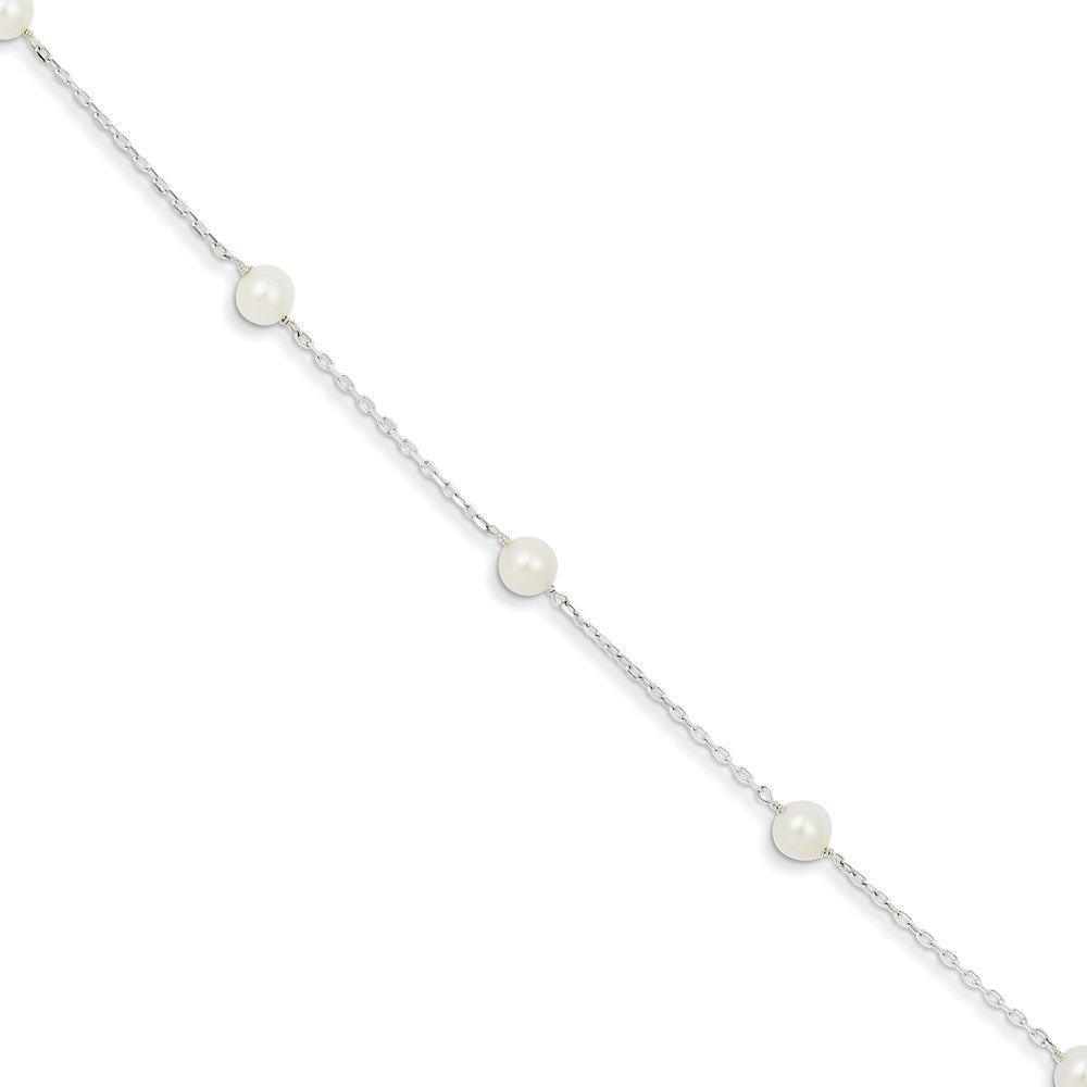 Sterling Silver Rhodium-plated 5- White Freshwater Cultured Pearl 3-Stations Bracelet