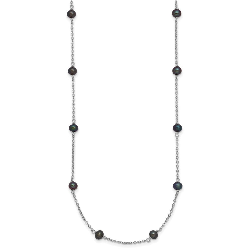 Sterling Silver Rhodium-plated 4- Black Semi-Round Freshwater Cultured Pearl 14-Station Necklace