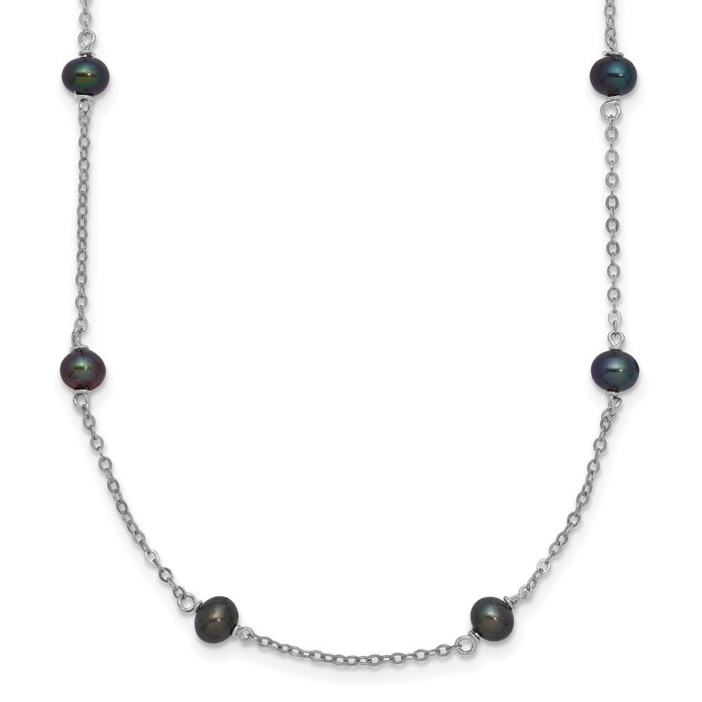 Sterling Silver Rhodium-plated 4- Black Semi-Round Freshwater Cultured Pearl 14-Station Necklace