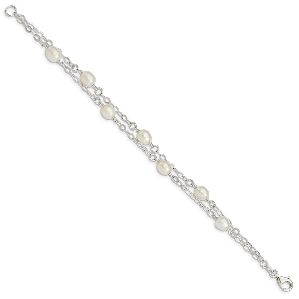Sterling Silver 6- White Rice Freshwater Cultured Pearl 2-Strand Bracelet