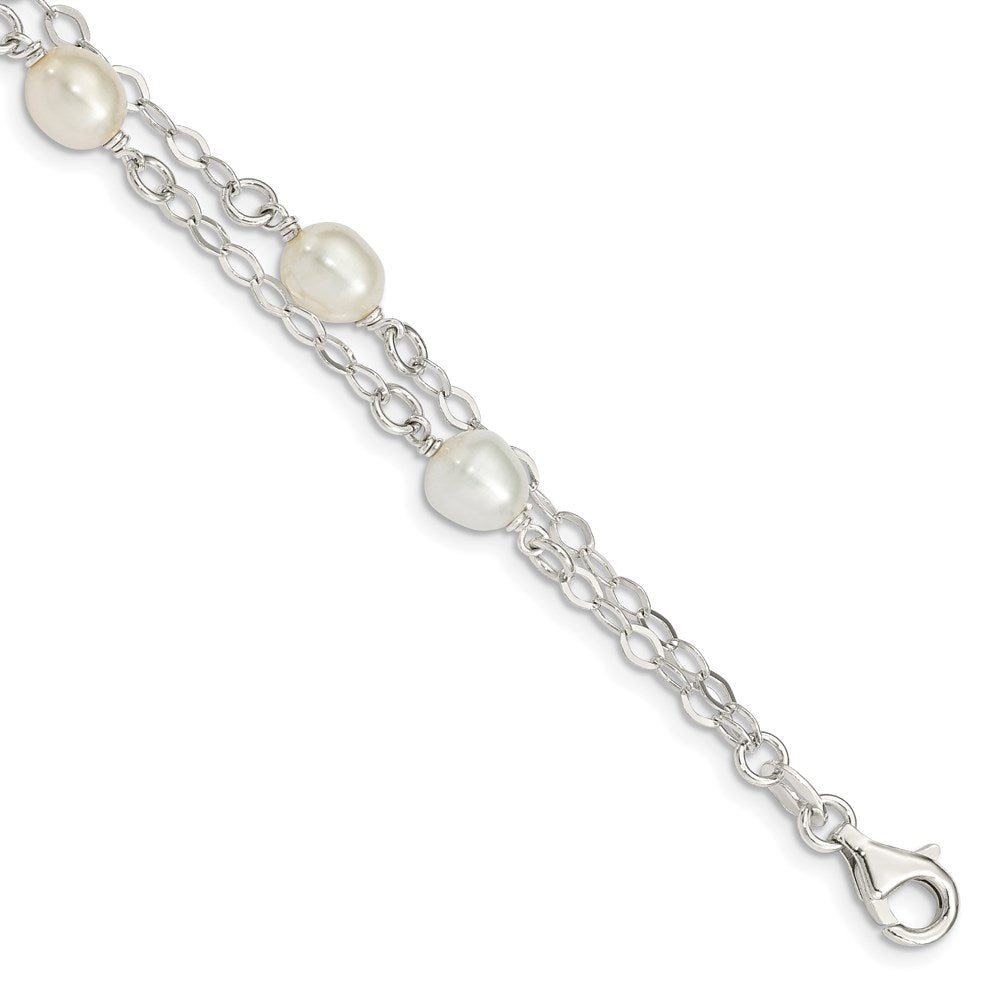 Sterling Silver 6- White Rice Freshwater Cultured Pearl 2-Strand Bracelet
