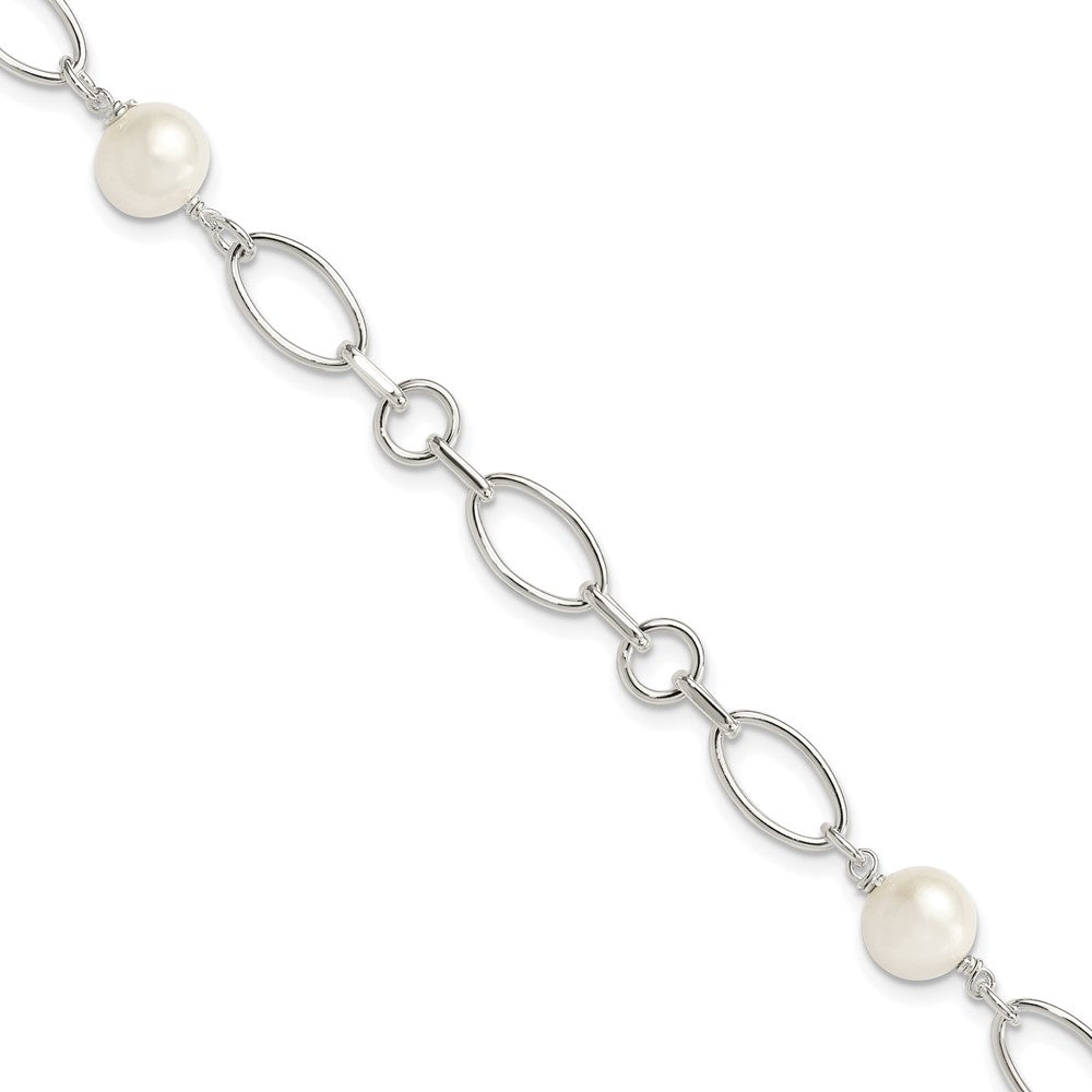 Sterling Silver Polished 7- White Semi-Round Freshwater Cultured Pearl Bracelet