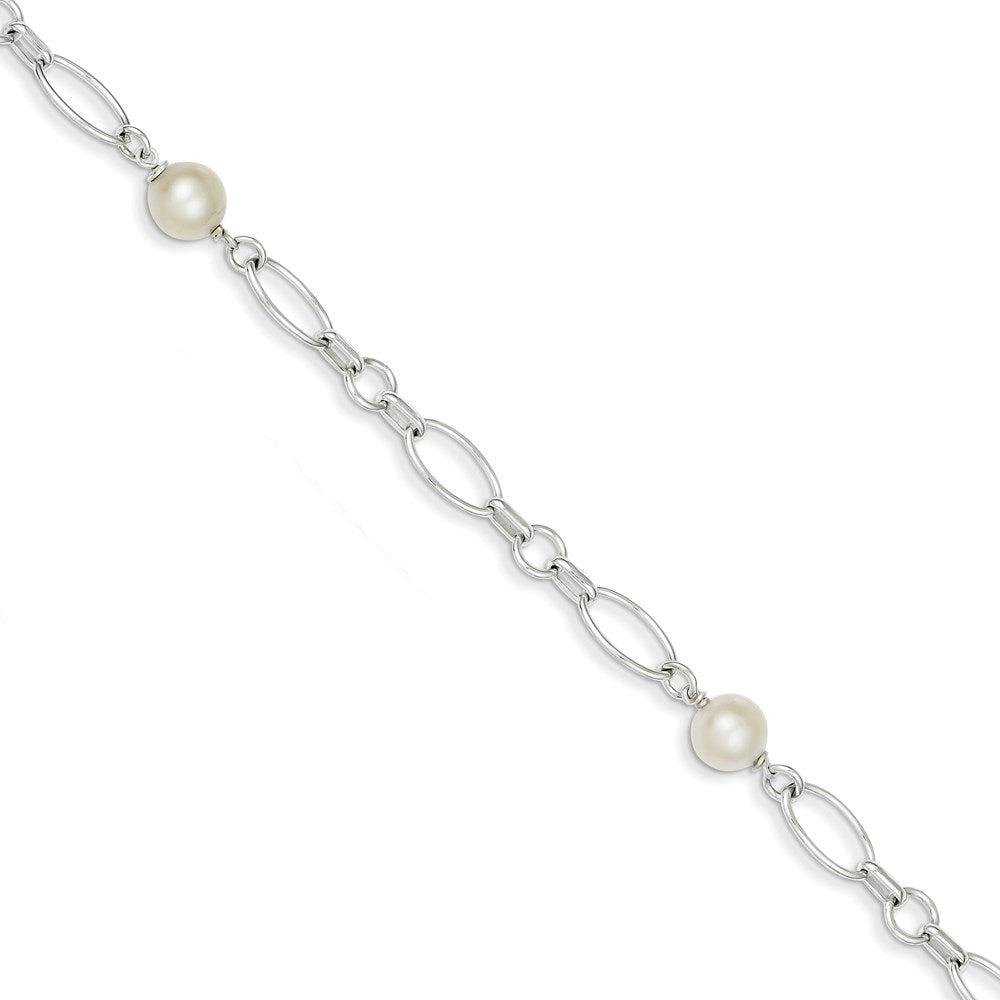 Sterling Silver Polished 7- White Semi-Round Freshwater Cultured Pearl Bracelet