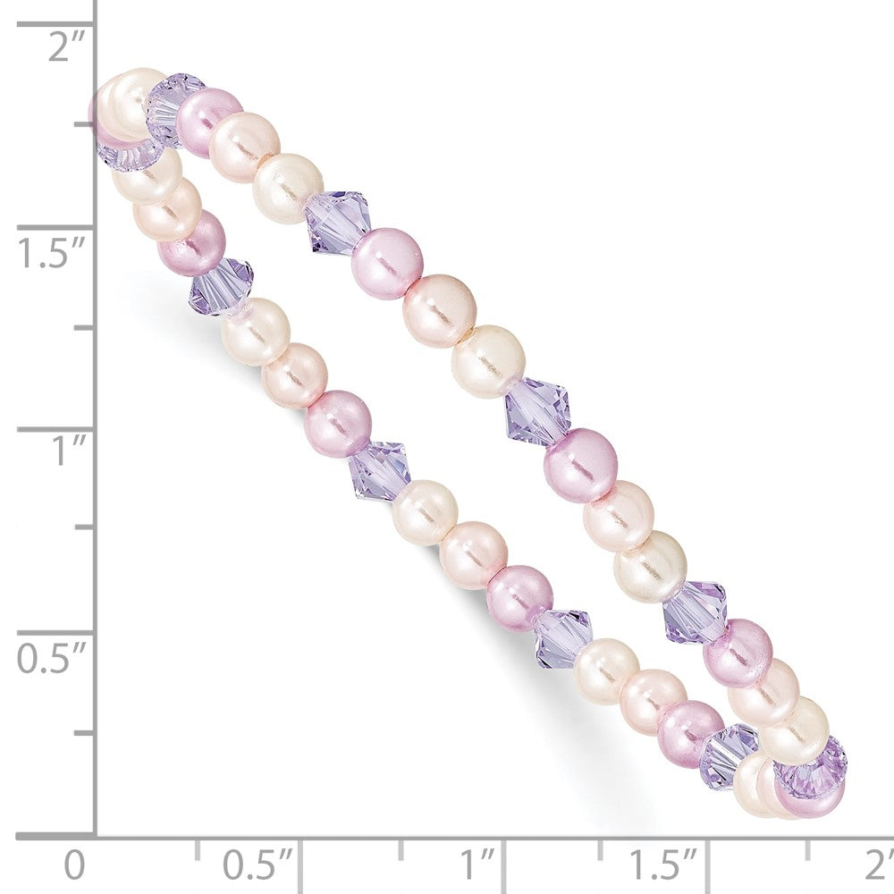 Children's Pink, Purple & White Shell Bead & Crystal Stretch Bracelet