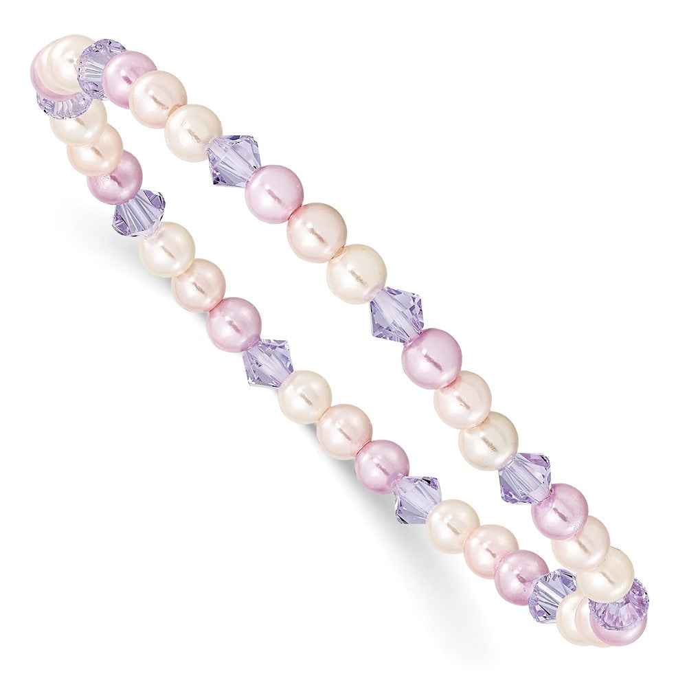 Children's Pink, Purple & White Shell Bead & Crystal Stretch Bracelet