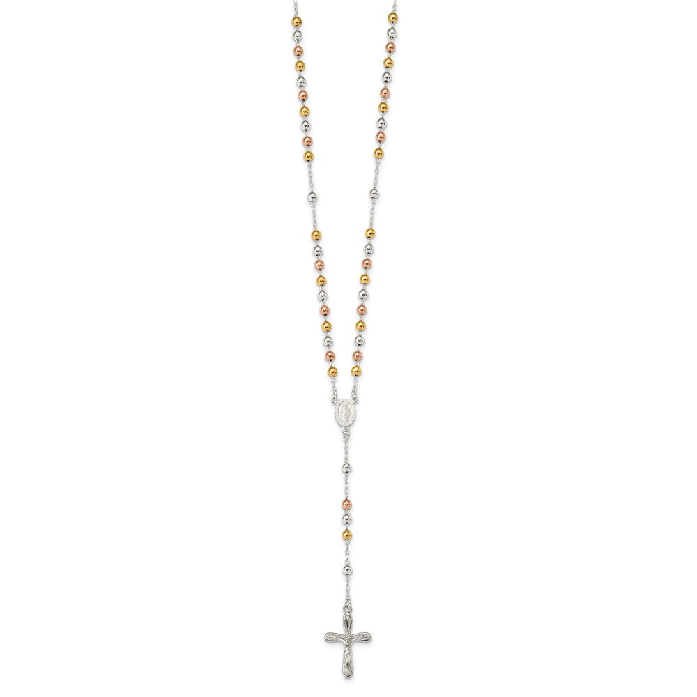 Sterling Silver Rose and Yellow Gold-plated Polished Beaded Rosary Necklace