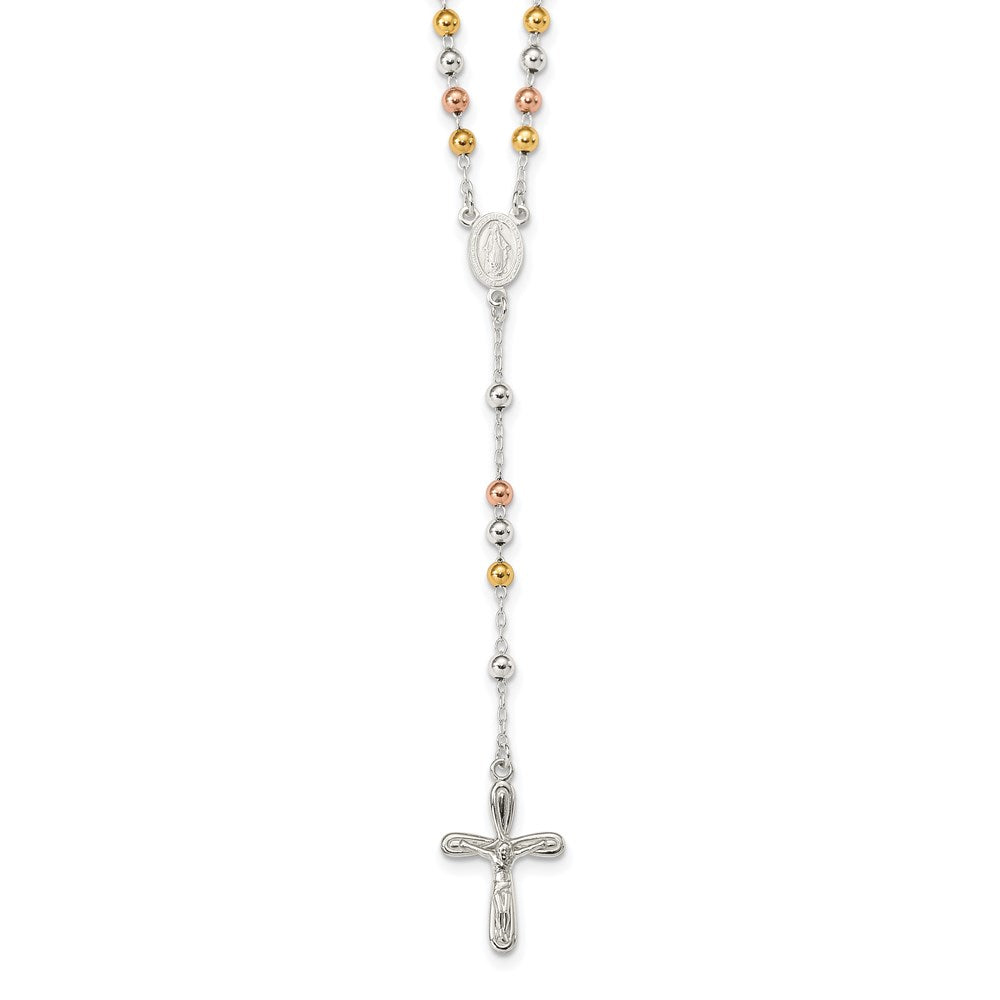 Sterling Silver Polished Rose/Yellow Gold-pld Bead Rosary Necklace