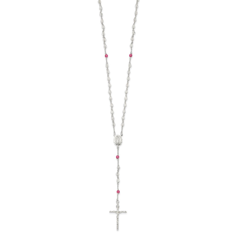 Sterling Silver Polished Pink and Clear Crystal Beaded Rosary Necklace