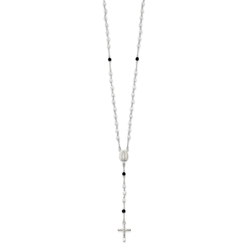 Sterling Silver Polished and Black Crystal Bead Rosary Necklace