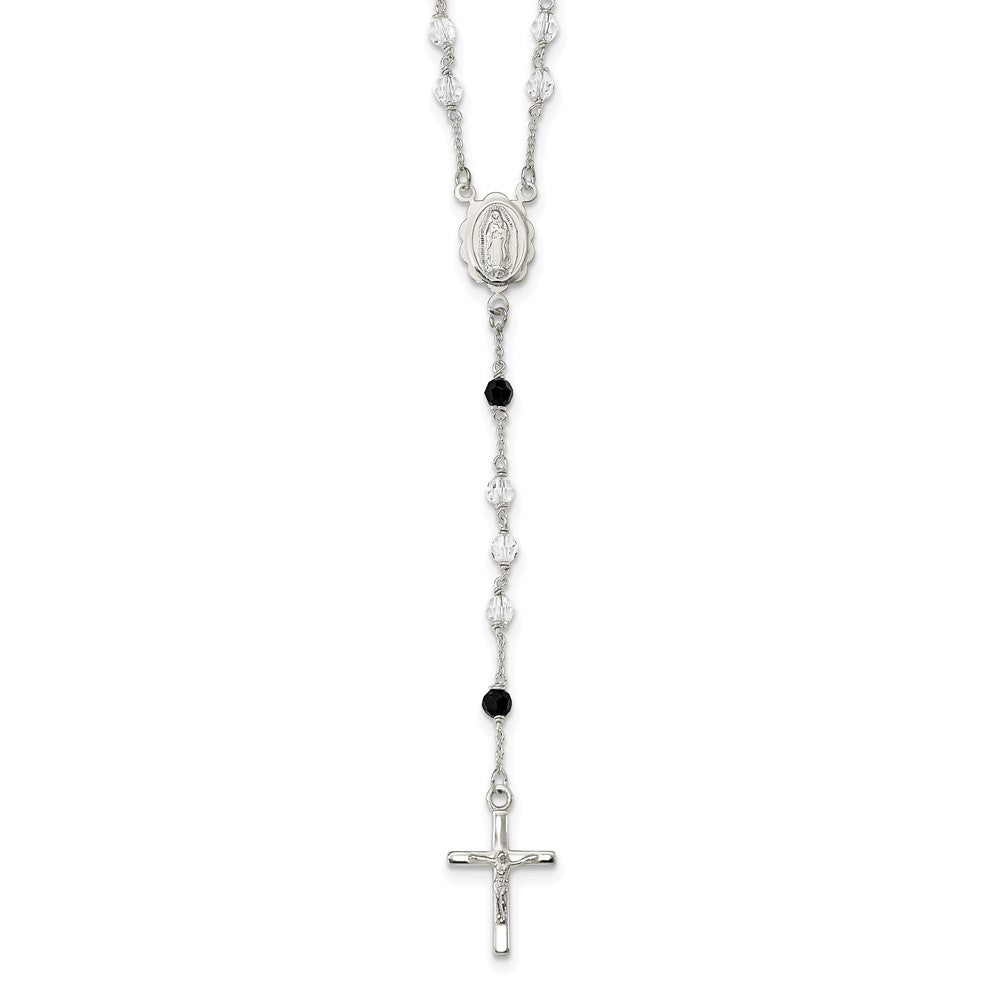 Sterling Silver Polished and Black Crystal Bead Rosary Necklace