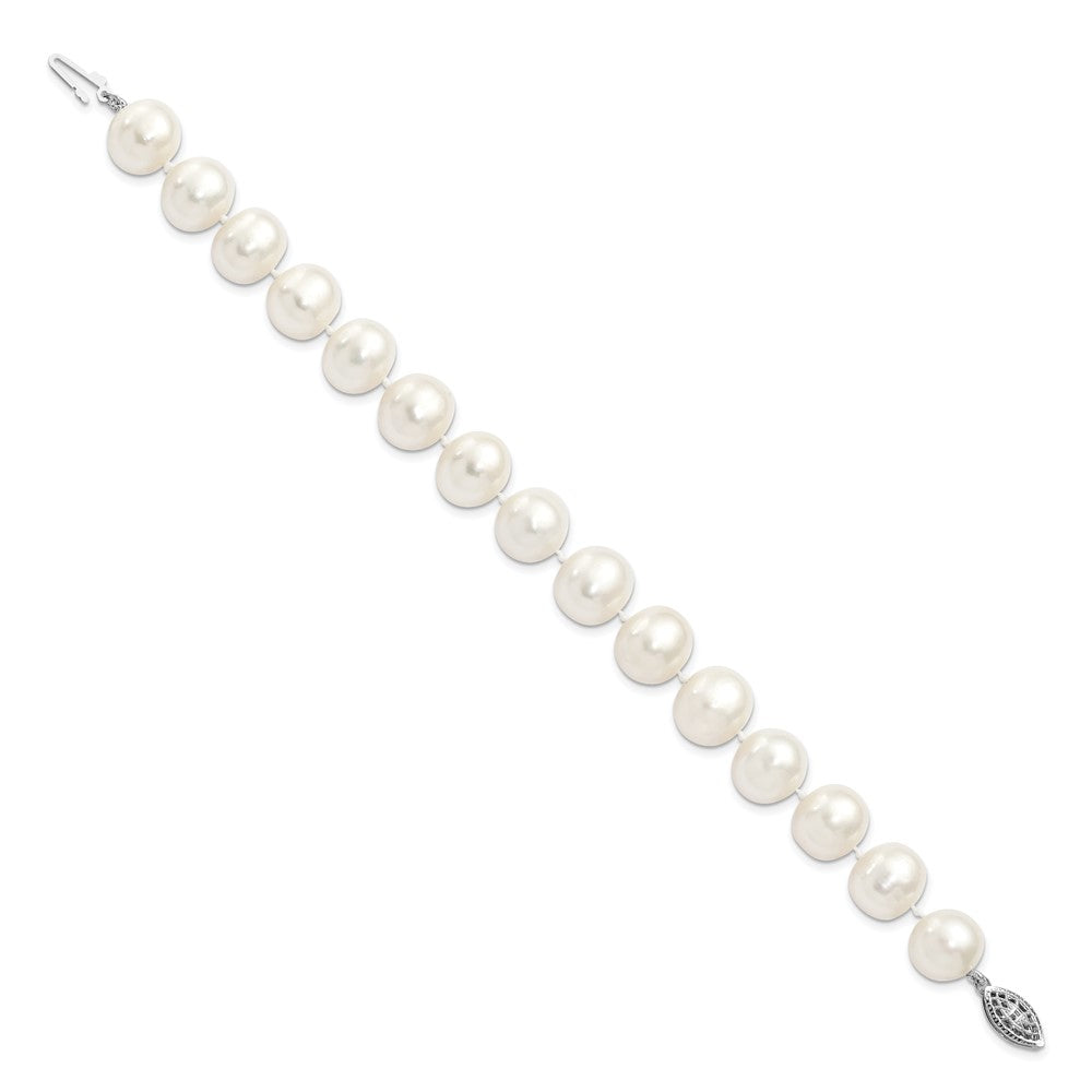 Sterling Silver Rhodium-plated 11- White Near-Round Freshwater Cultured Pearl Bracelet