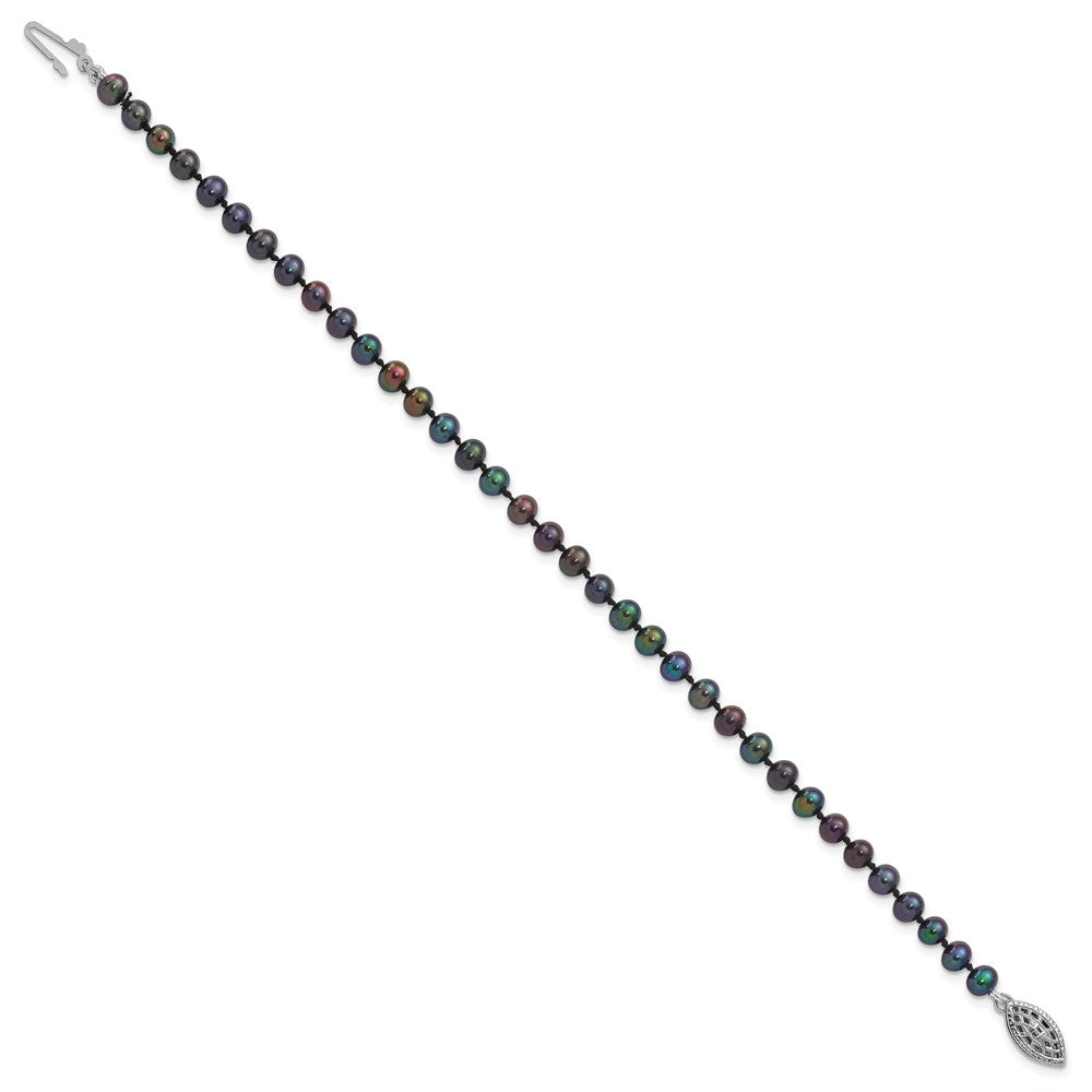 Sterling Silver Rhodium-plated 4- Black Near-Round Freshwater Cultured Pearl Bracelet