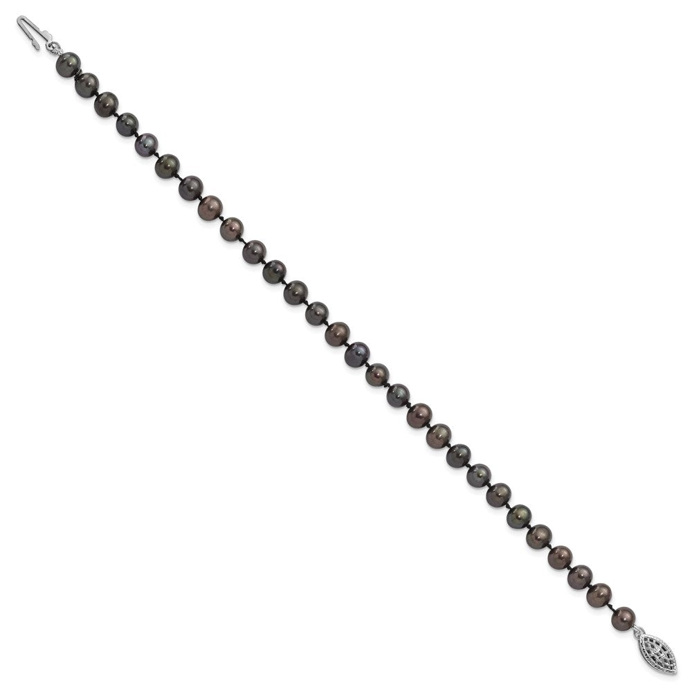 Sterling Silver Rhodium-plated 5- Black Near-Round Freshwater Cultured Pearl Bracelet