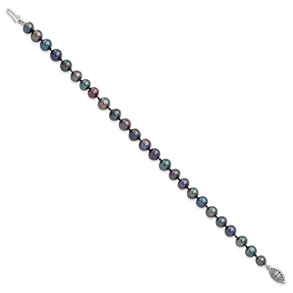 Sterling Silver Rhodium-plated 6- Black Near-Round Freshwater Cultured Pearl Bracelet