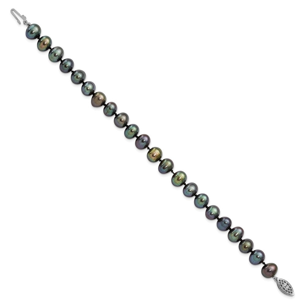 Sterling Silver Rhodium-plated 7- Black Near-Round Freshwater Cultured Pearl Bracelet