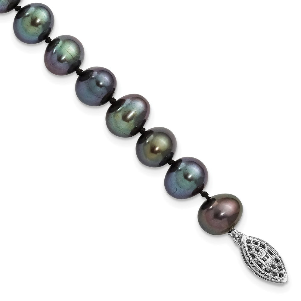 Sterling Silver Rhodium-plated 7- Black Near-Round Freshwater Cultured Pearl Bracelet