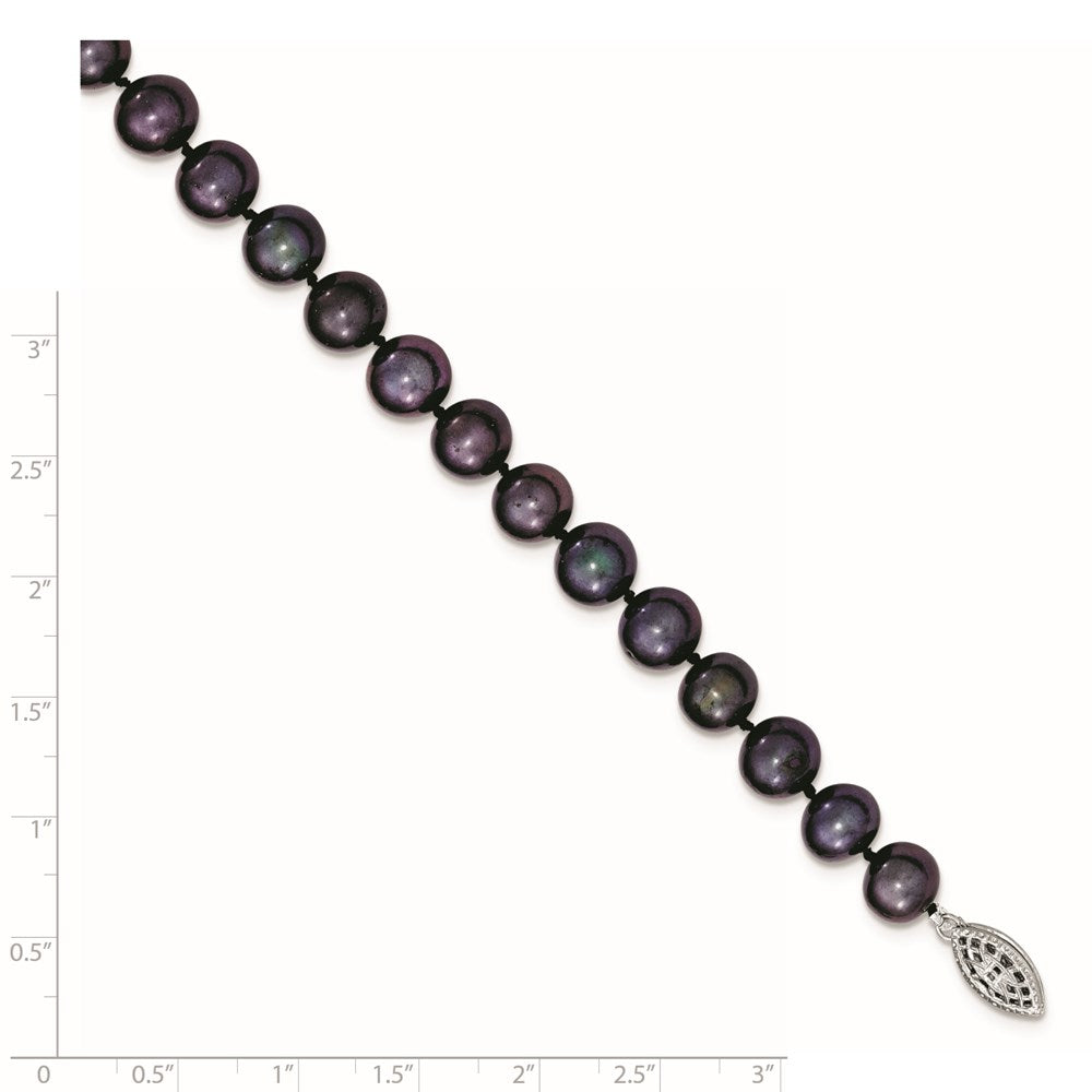 Sterling Silver Rhodium-plated 8- Black Near-Round Freshwater Cultured Pearl Bracelet