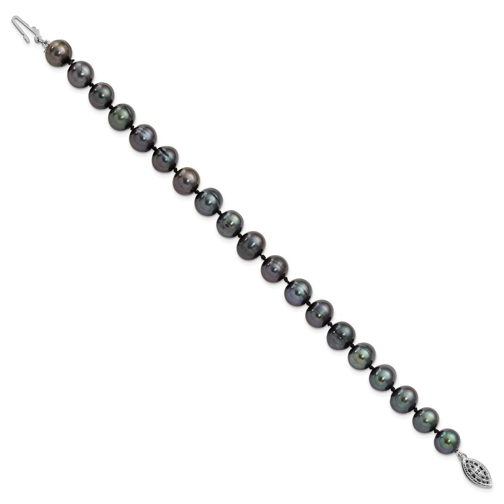 Sterling Silver Rhodium-plated 8- Black Near-Round Freshwater Cultured Pearl Bracelet