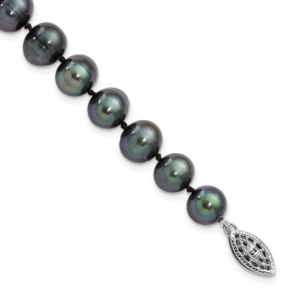 Sterling Silver Rhodium-plated 8- Black Near-Round Freshwater Cultured Pearl Bracelet