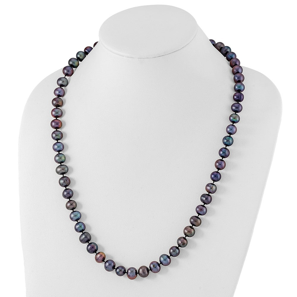 Sterling Silver Rhodium-plated 9- Black Near-Round Freshwater Cultured Pearl Necklace