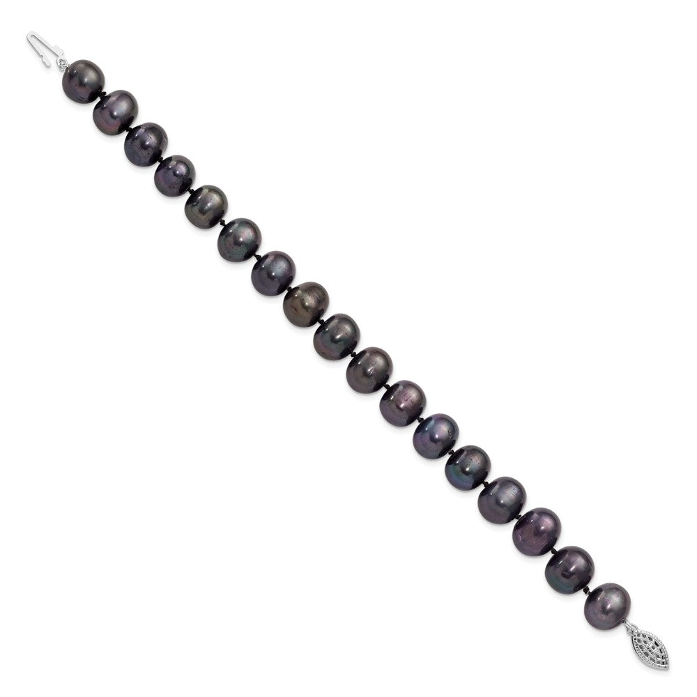 Sterling Silver Rhodium-plated 10- Black Near-Round Freshwater Cultured Pearl Bracelet