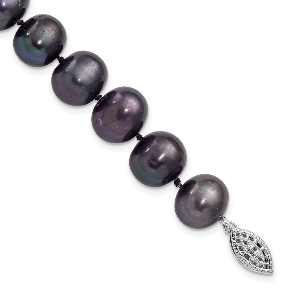 Sterling Silver Rhodium-plated 10- Black Near-Round Freshwater Cultured Pearl Bracelet