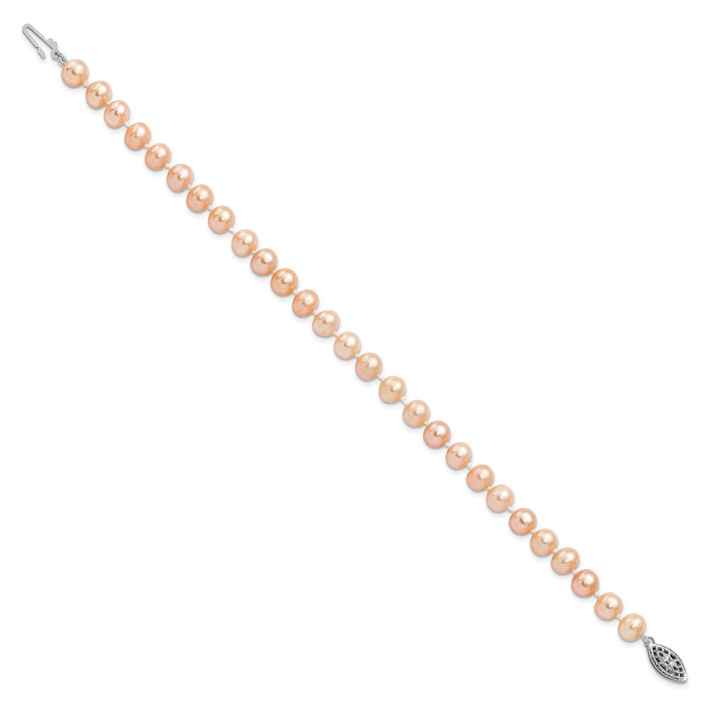 Sterling Silver Rhodium-plated 6- Pink Near-Round Freshwater Cultured Pearl Bracelet