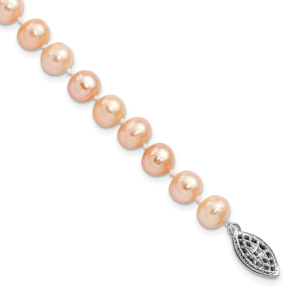 Sterling Silver Rhodium-plated 6- Pink Near-Round Freshwater Cultured Pearl Bracelet