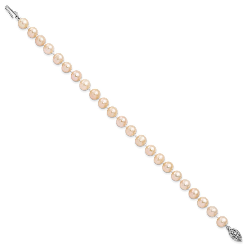 Sterling Silver Rhodium-plated 7- Pink Near-Round Freshwater Cultured Pearl Bracelet