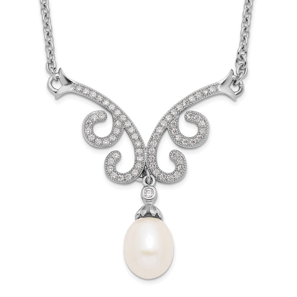 Sterling Silver Rhod-plated 8- White FWC Pearl CZ w/ ext. Necklace