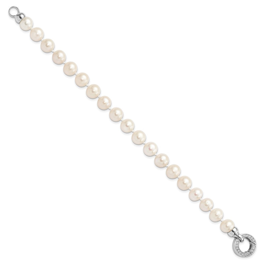 Sterling Silver Rhodium-plated 9- White Near-Round Freshwater Cultured Pearl and CZ Fancy Bracelet
