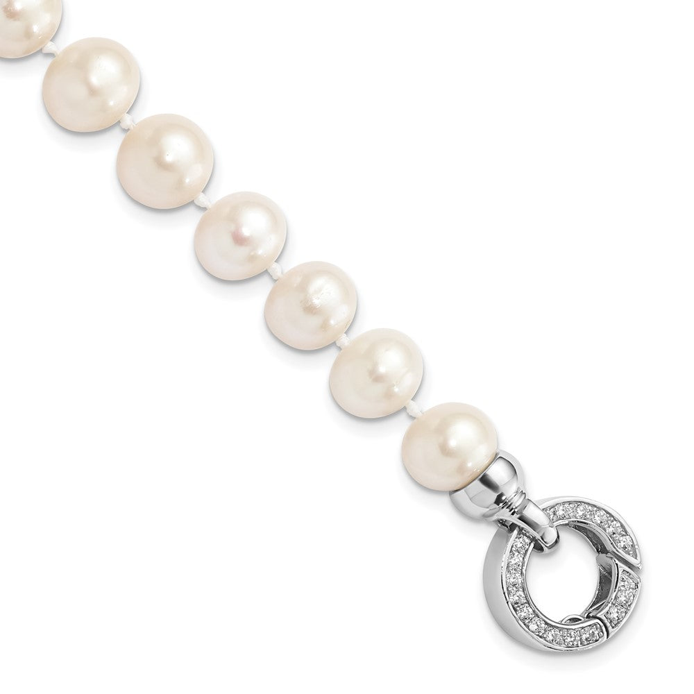 Sterling Silver Rhodium-plated 9- White Near-Round Freshwater Cultured Pearl and CZ Fancy Bracelet