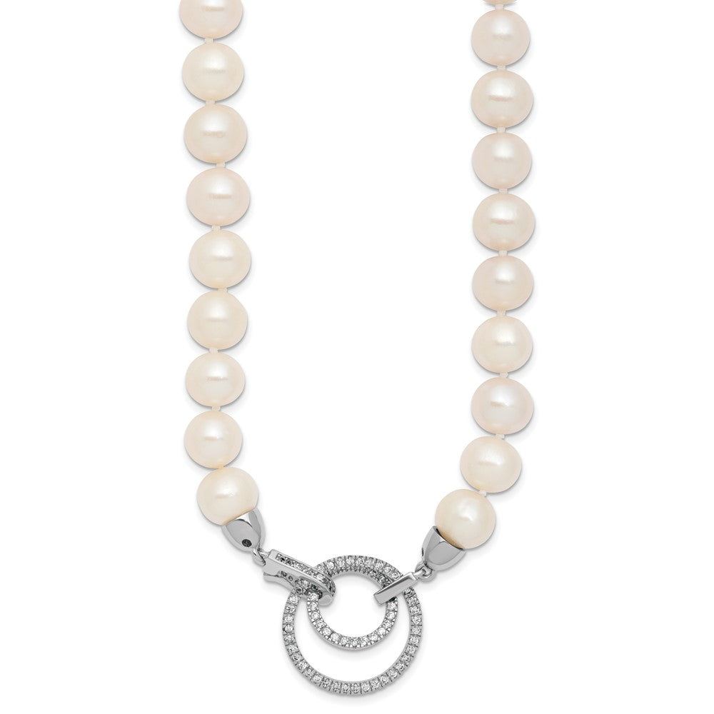 Sterling Silver Rhodium-plated 10- White Near-Round Freshwater Cultured Pearl and CZ Clasp Adjustable Necklace