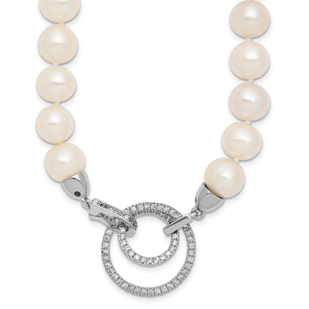 Sterling Silver Rhodium-plated 10- White Near-Round Freshwater Cultured Pearl and CZ Clasp Adjustable Necklace