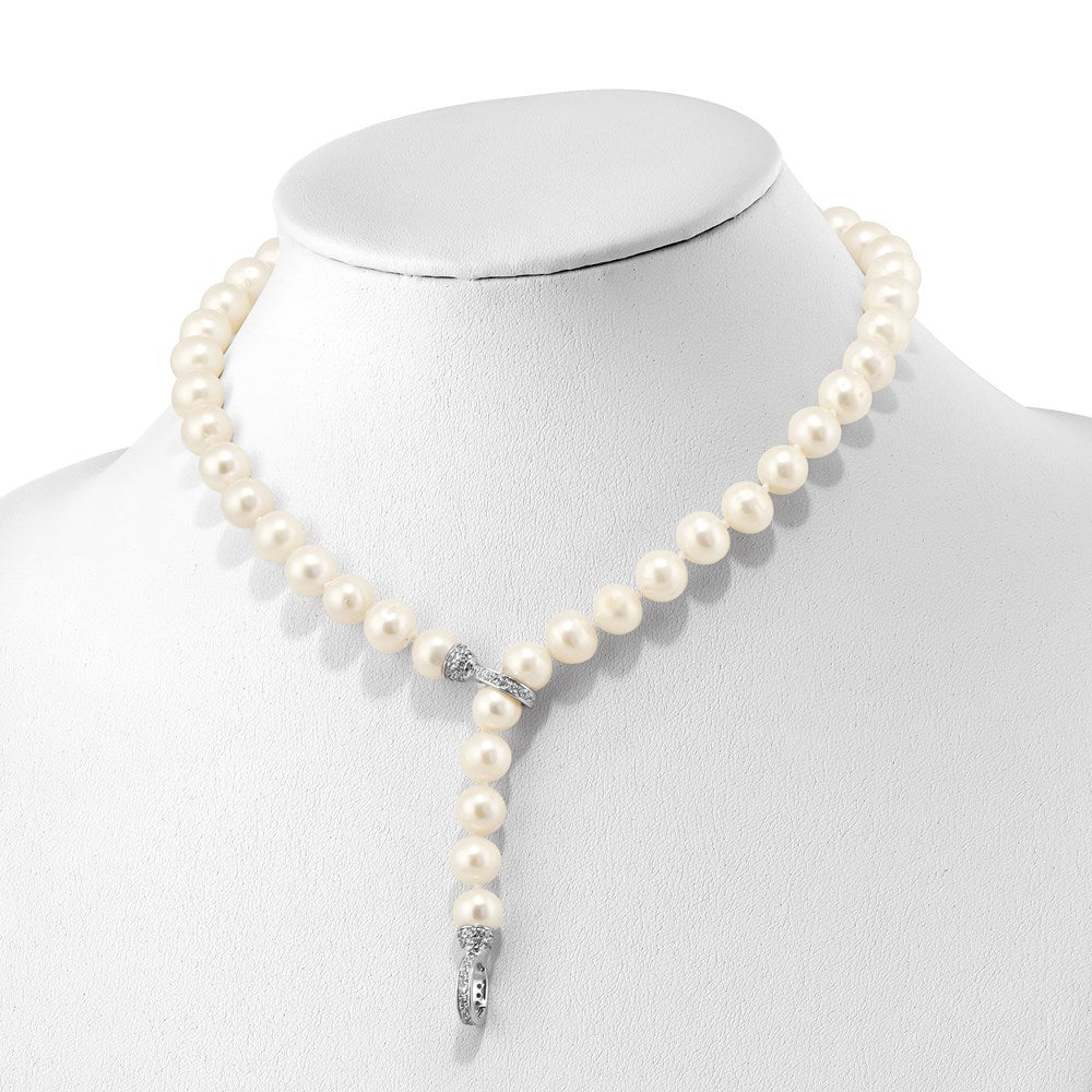 Sterling Silver RH 9- White FWC Pearl CZ Clasp Adjust. Necklace