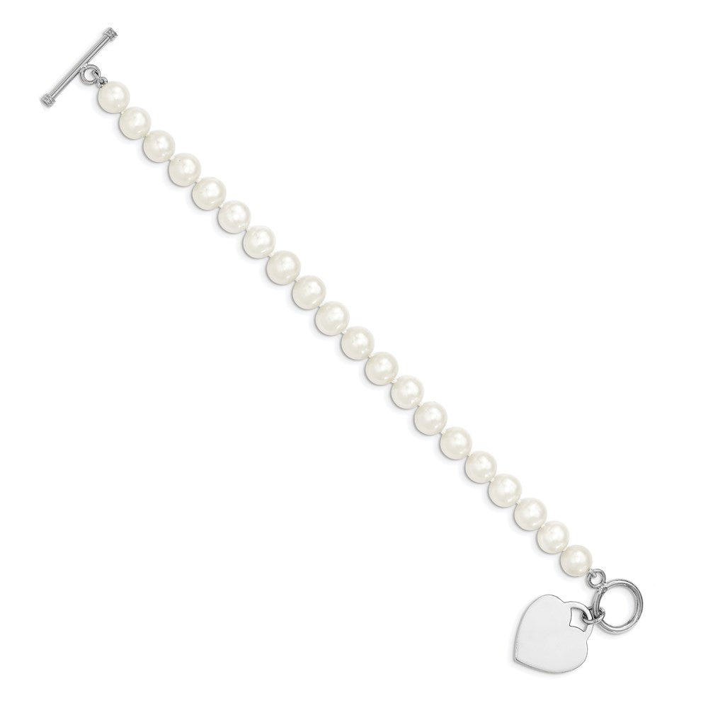 Sterling Silver Rhodium-plated 8- White Near-Round Freshwater Cultured Pearl Heart Toggle Bracelet