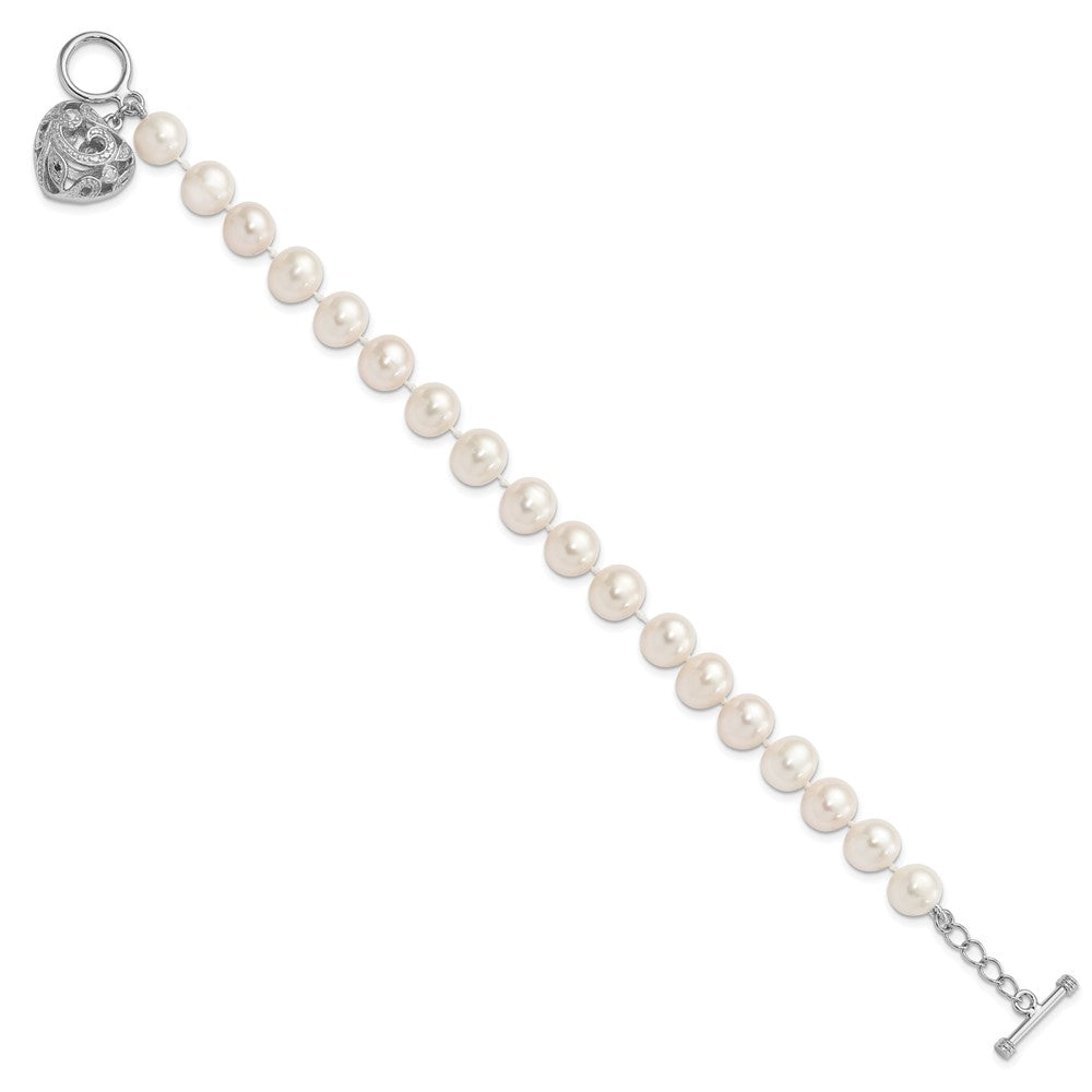 Sterling Silver Rhodium-plated 8- White Near-Round Freshwater Cultured Pearl Heart Toggle Bracelet