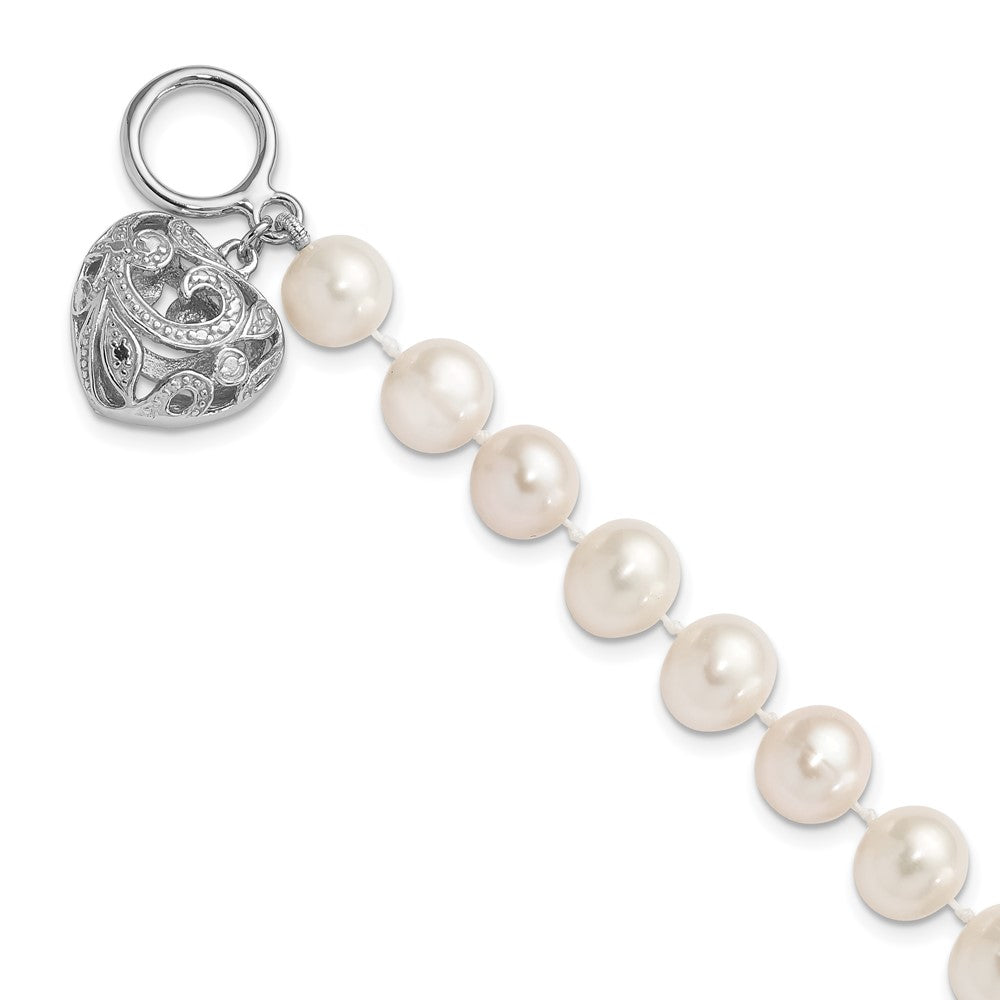 Sterling Silver Rhodium-plated 8- White Near-Round Freshwater Cultured Pearl Heart Toggle Bracelet