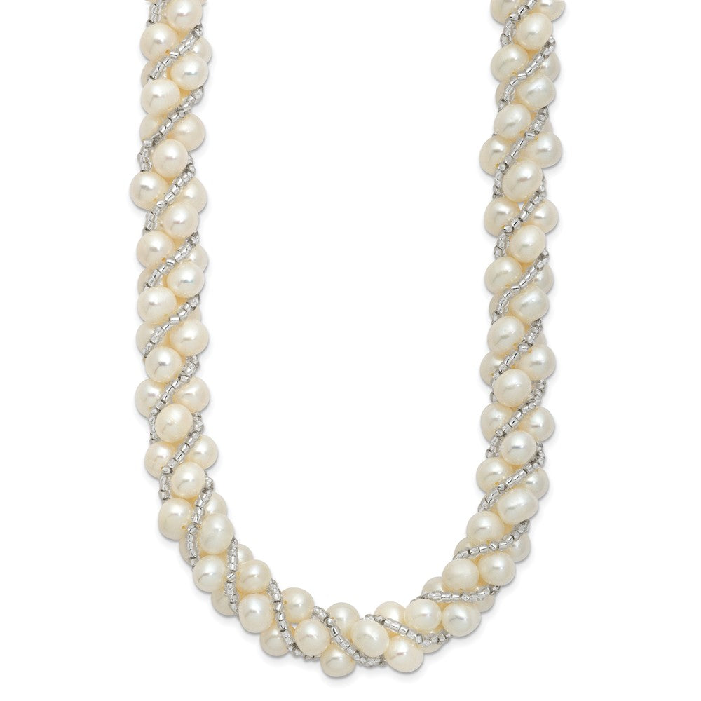 Sterling Silver Rhodium-plated 6- White Near-Round Pearl and Glass Beaded Twisted Necklace