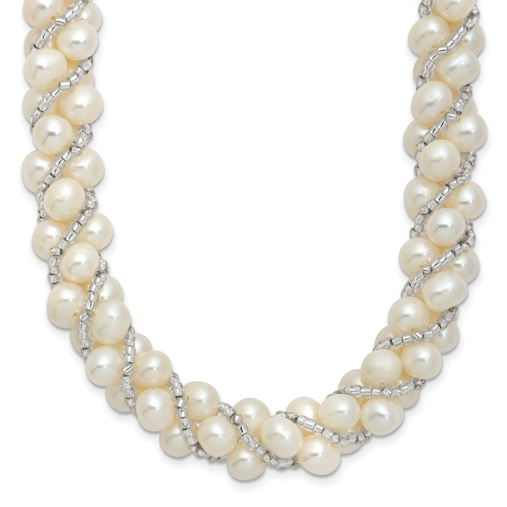 Sterling Silver Rhodium 6- FWC Pearl/Glass Bead Twisted Necklace