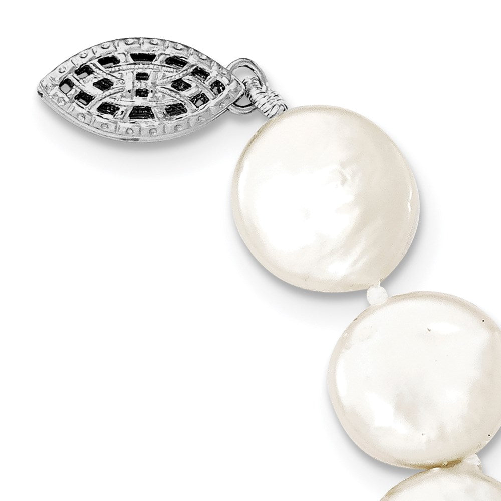 Sterling Silver Rhodium-plated 10- White Coin Freshwater Cultured Pearl Necklace