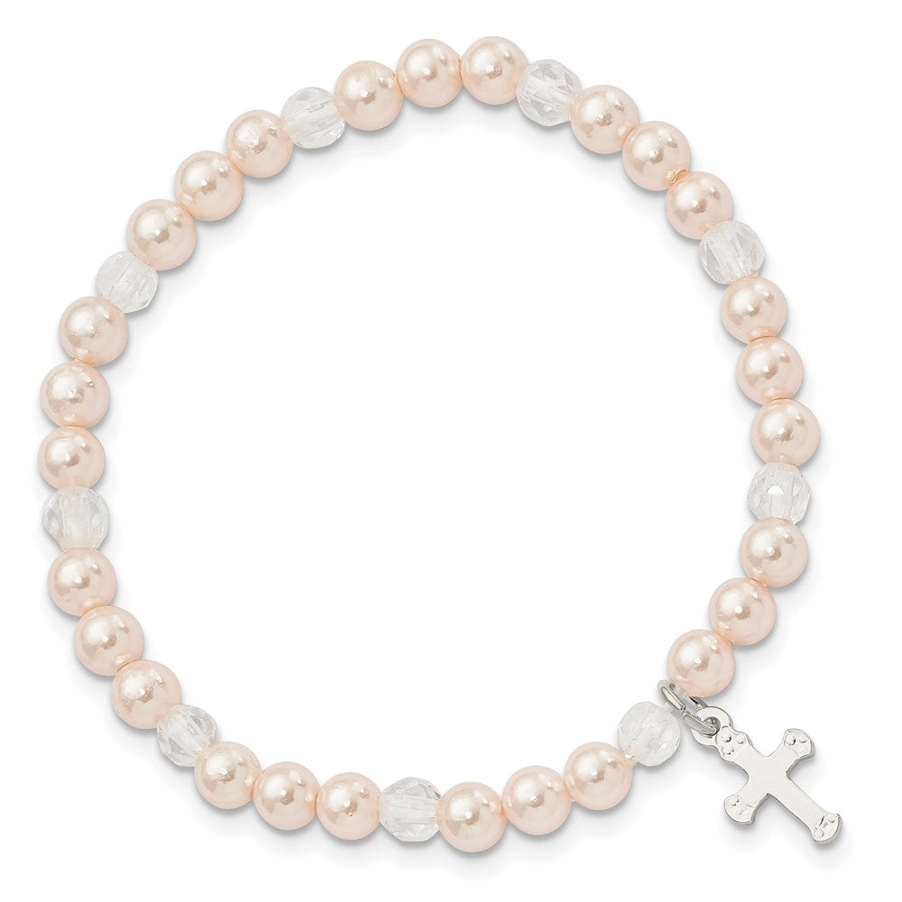 Sterling Silver Cross and Pink Shell Bead & Crystal Stretch Bracelet